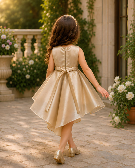 Shimmering Glass Tissue Pearl detailing Fawn High Low Gown Dress