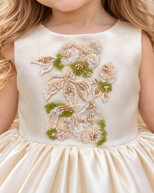 Royal satin Floral Embrodery Cream Dress
