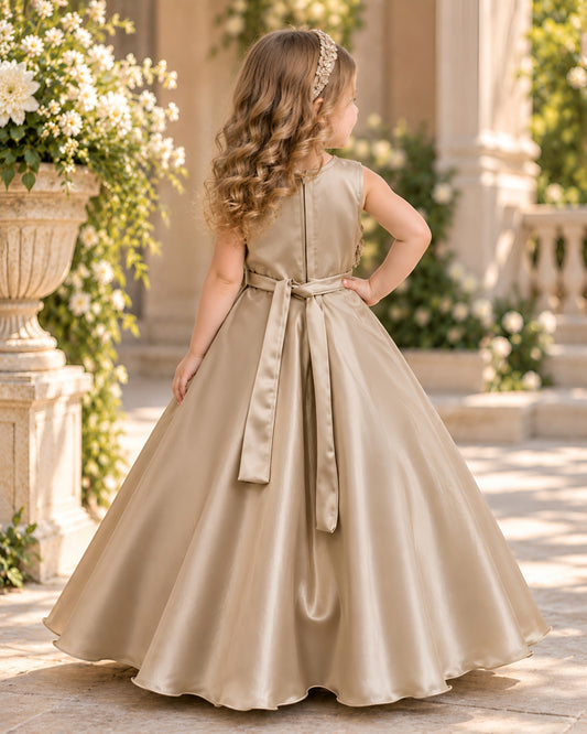 Champagne Ball Satin with floral Embroidery Fawn Gown Dress