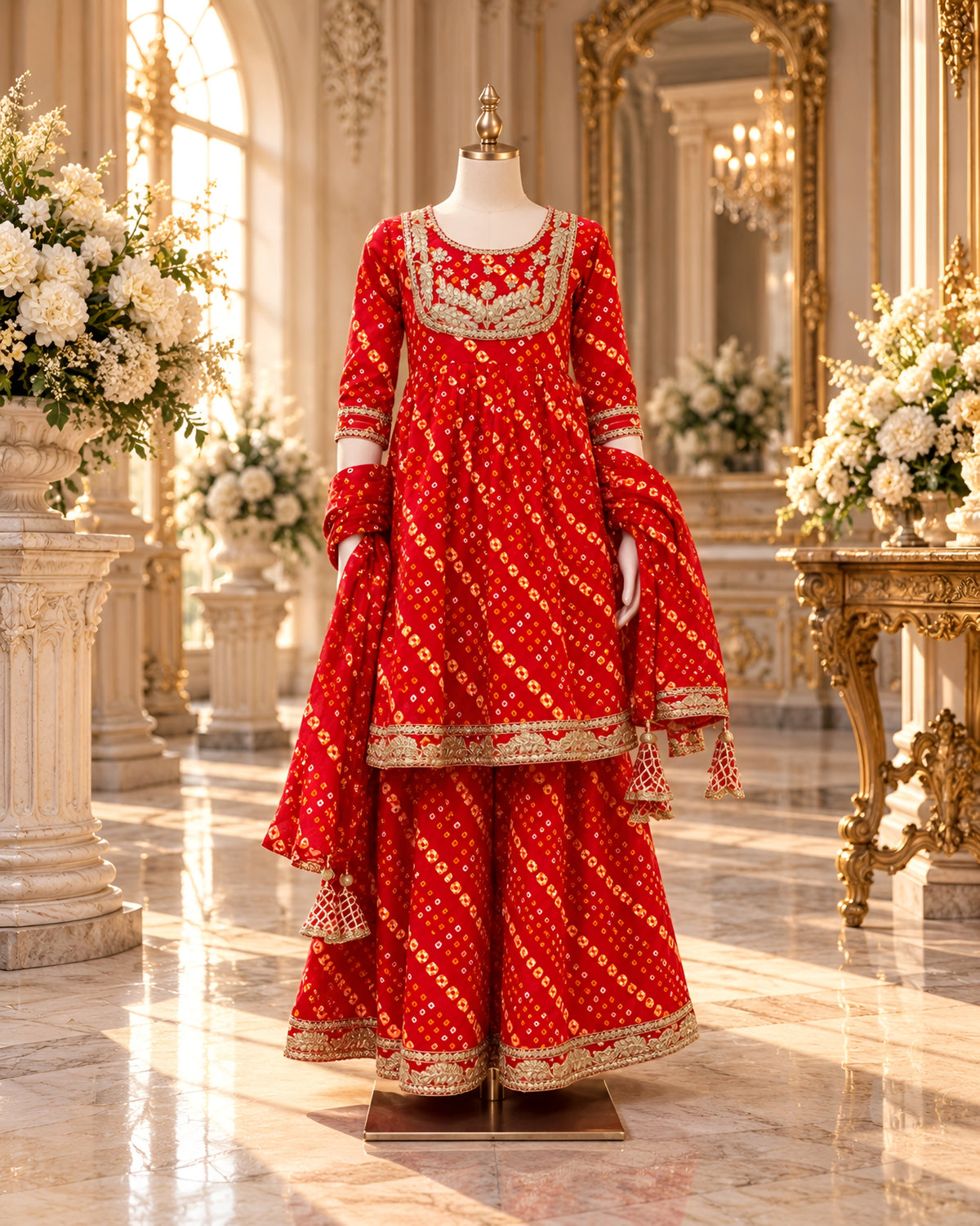 Crimson Royale Bandhani Anarkali Sharara Set