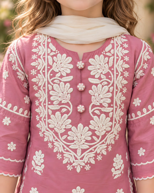 Blush Pink Floral Embroidered Kurta Palazzo Set for Girls