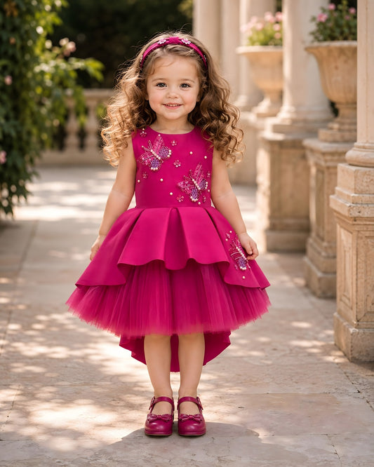 Elegant Pink Butterfly Embellished Party Dress