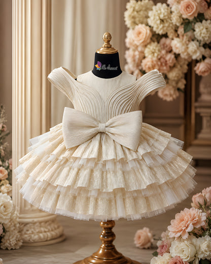 Charming Net Frills Layered Silhouette Cream Dress