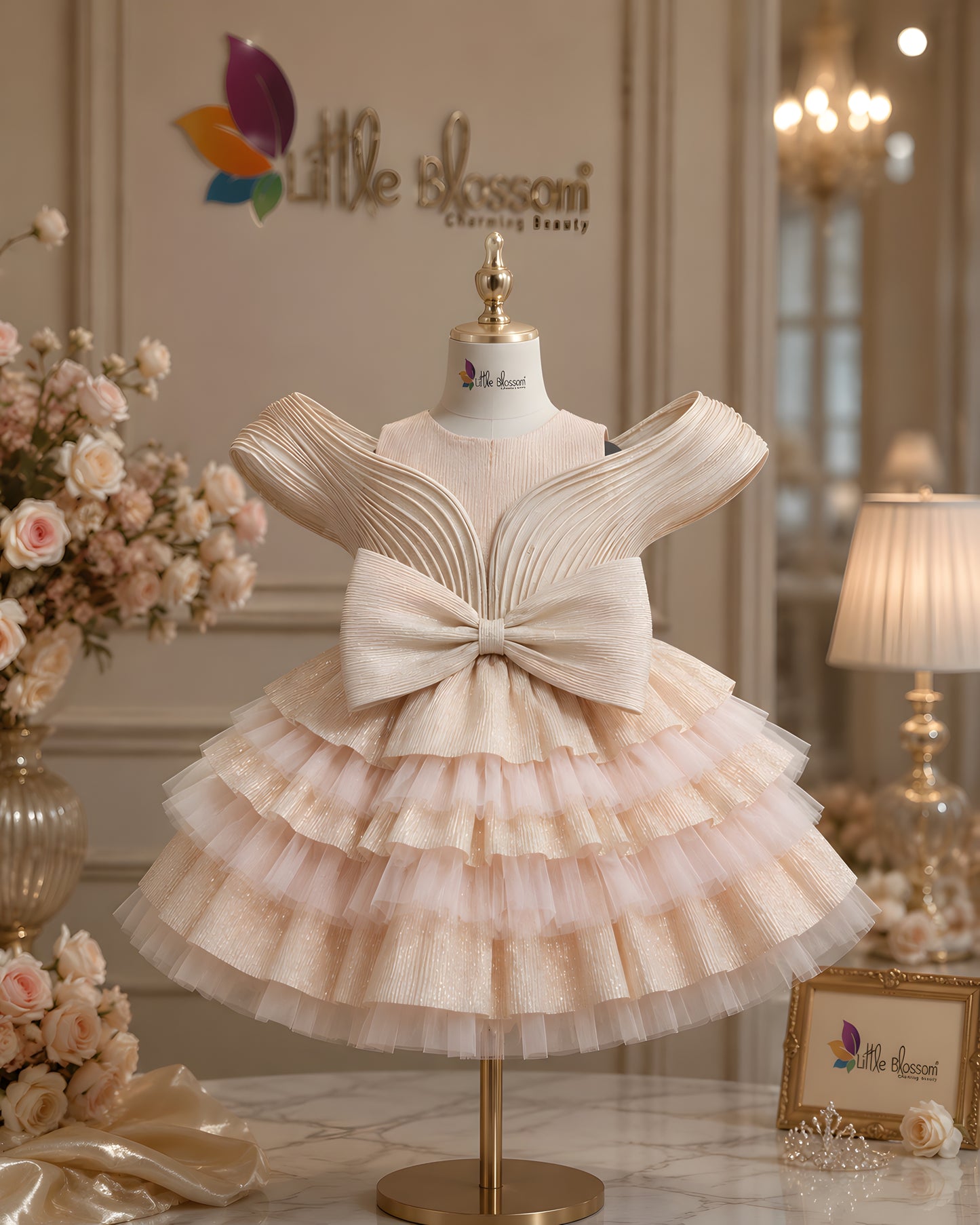 Charming Net Frills layered silhouette Peach Dress