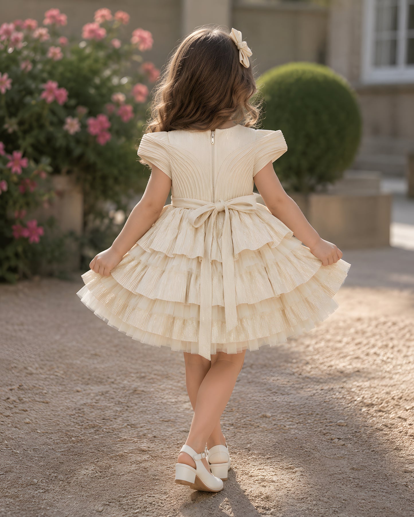 Charming Net Frills Layered Silhouette Cream Dress