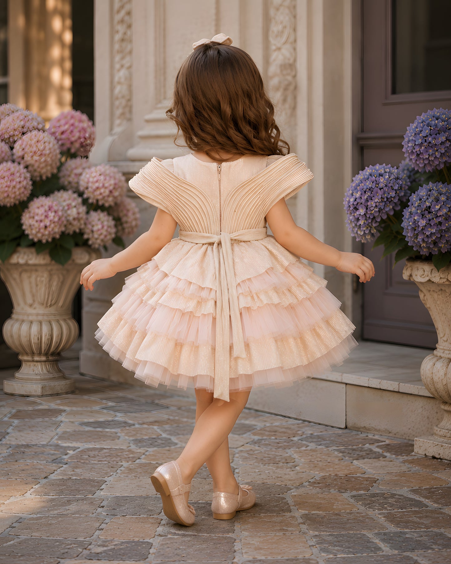 Charming Net Frills layered silhouette Peach Dress