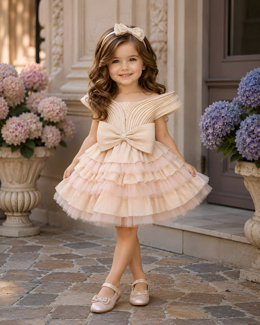 Charming Net Frills layered silhouette Peach Dress