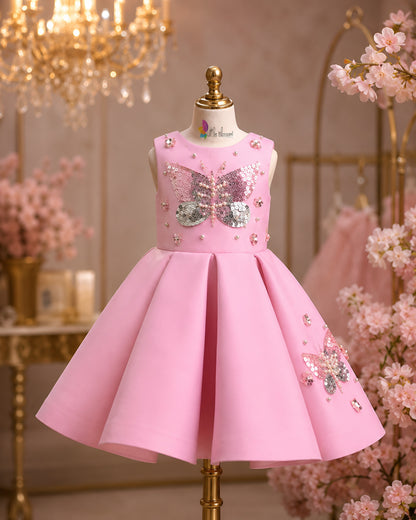 Charming Butterfly Embroidery Pink Flared Dress