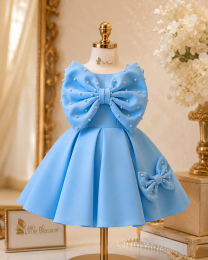 Elegant Oversized Bow Blue Flared Design Dress