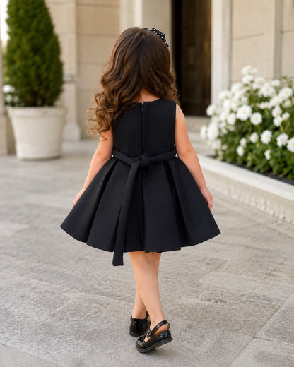Elegant Oversized Bow Black Flared Design Dress