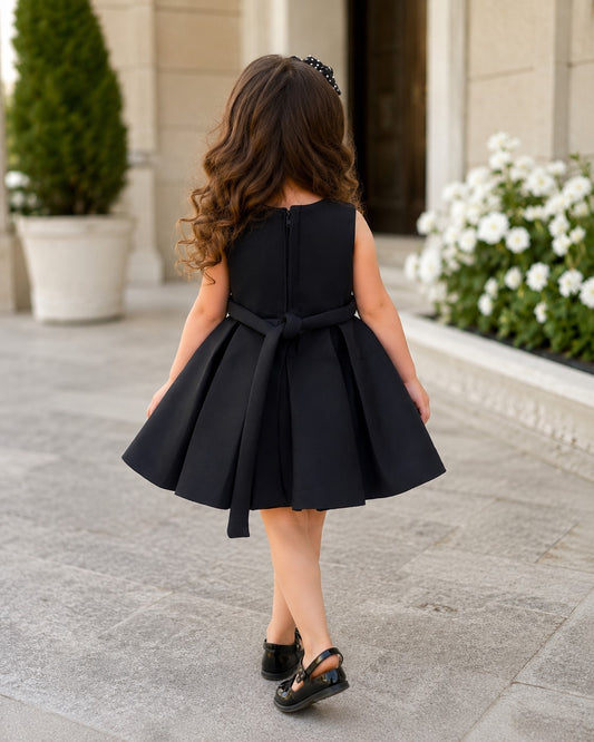 Elegant Oversized Bow Black Flared Design Dress