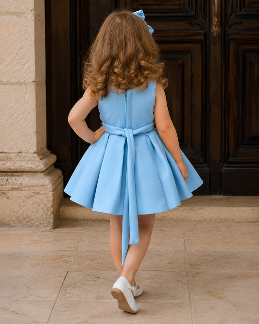 Elegant Oversized Bow Blue Flared Design Dress