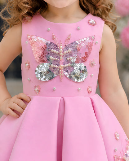 Charming Butterfly Embroidery Pink Flared Dress