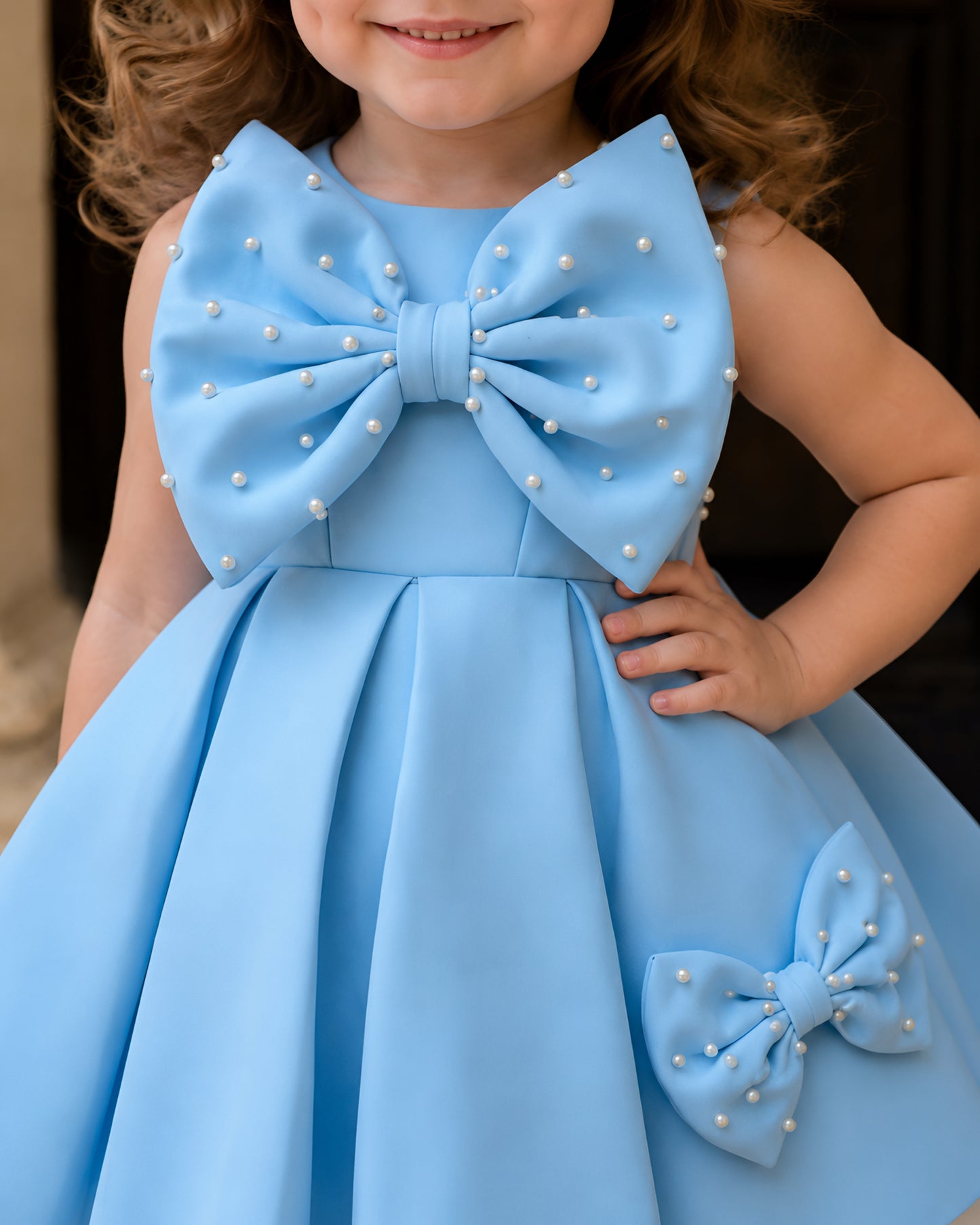 Elegant Oversized Bow Blue Flared Design Dress
