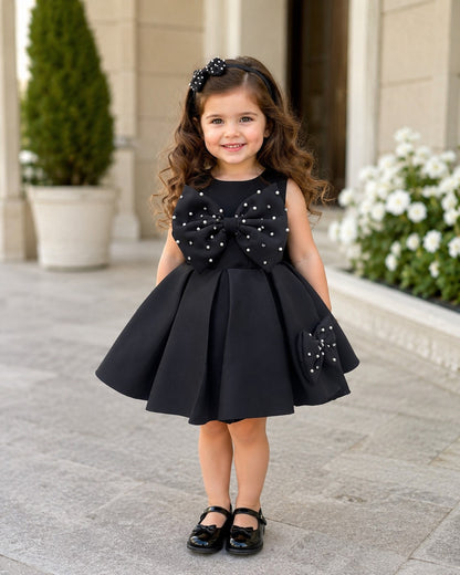 Elegant Oversized Bow Black Flared Design Dress