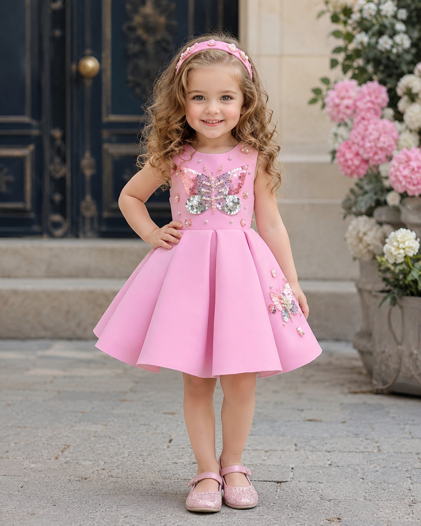 Charming Butterfly Embroidery Pink Flared Dress