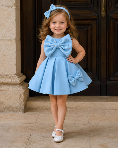 Elegant Oversized Bow Blue Flared Design Dress