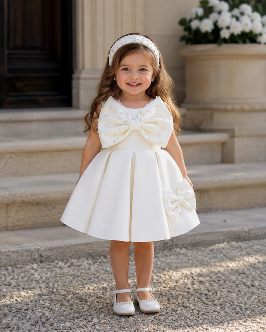 Elegant Oversized Bow White Flared Design Dress