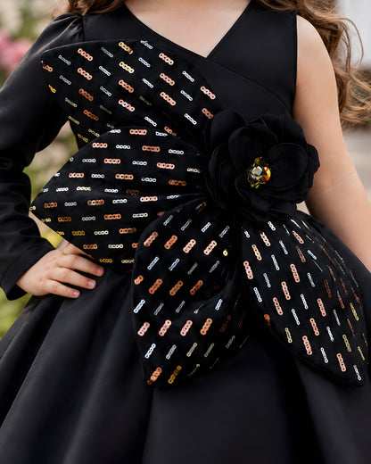 Elegant Satin Asymmetric Bow Black Dress