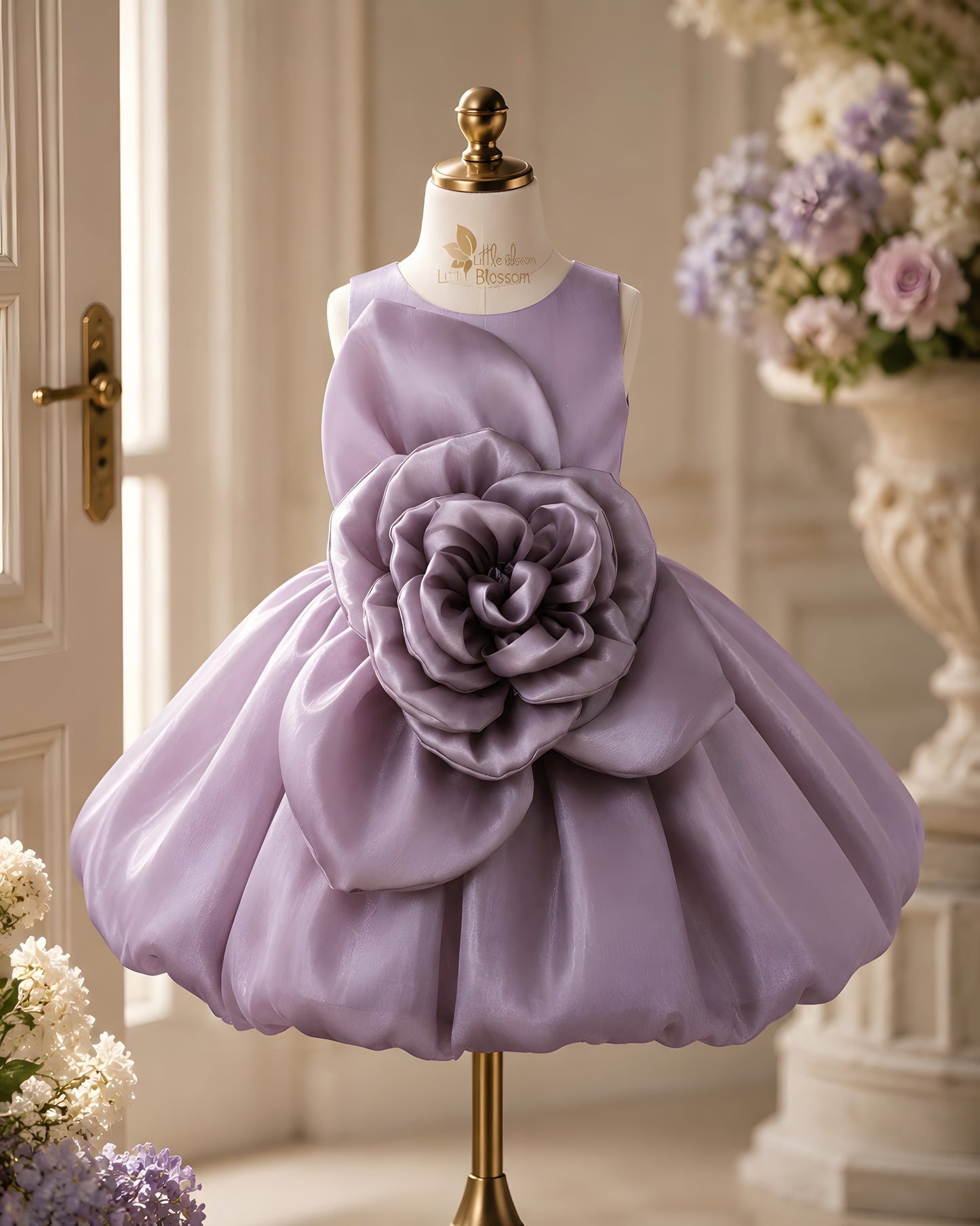 Elegant 3D flower and Bubble Skirt Lavender Dress