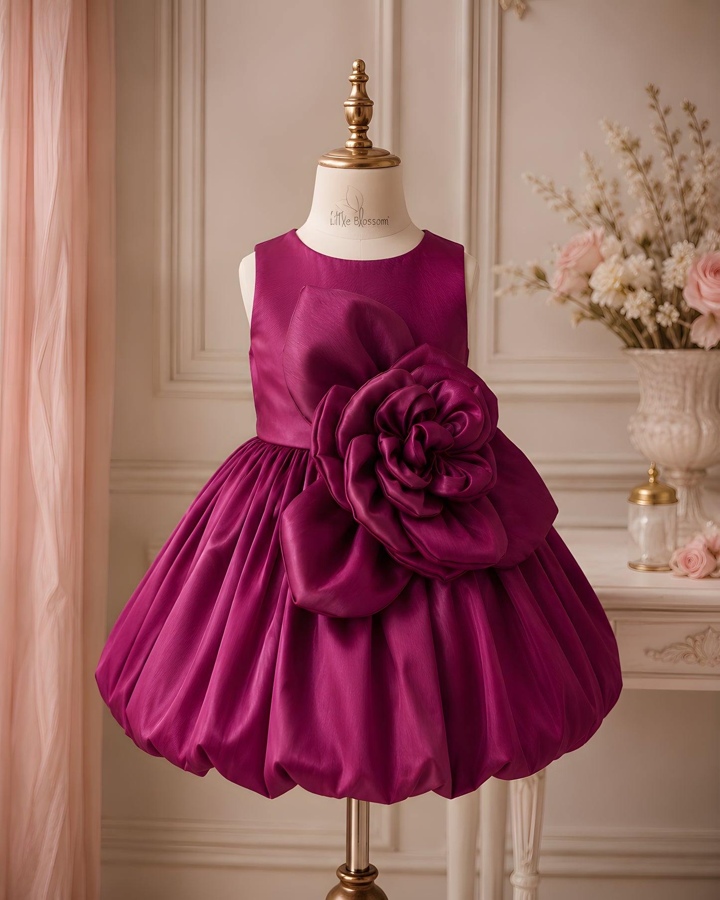 Elegant 3D flower and Bubble Skirt Magenta Dress