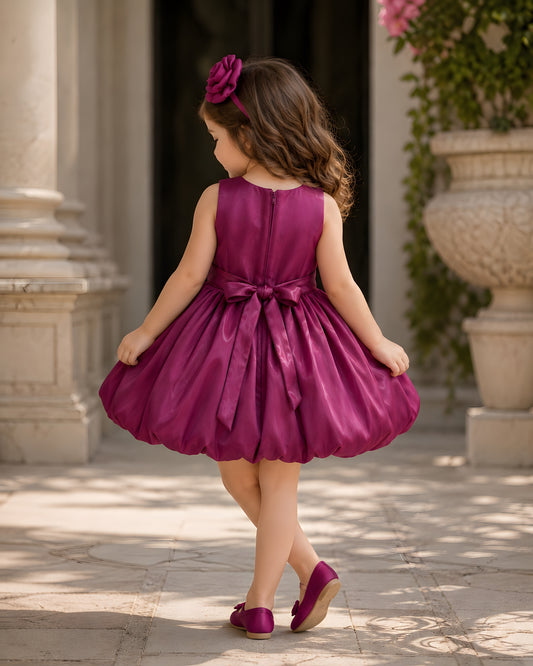 Elegant 3D flower and Bubble Skirt Magenta Dress