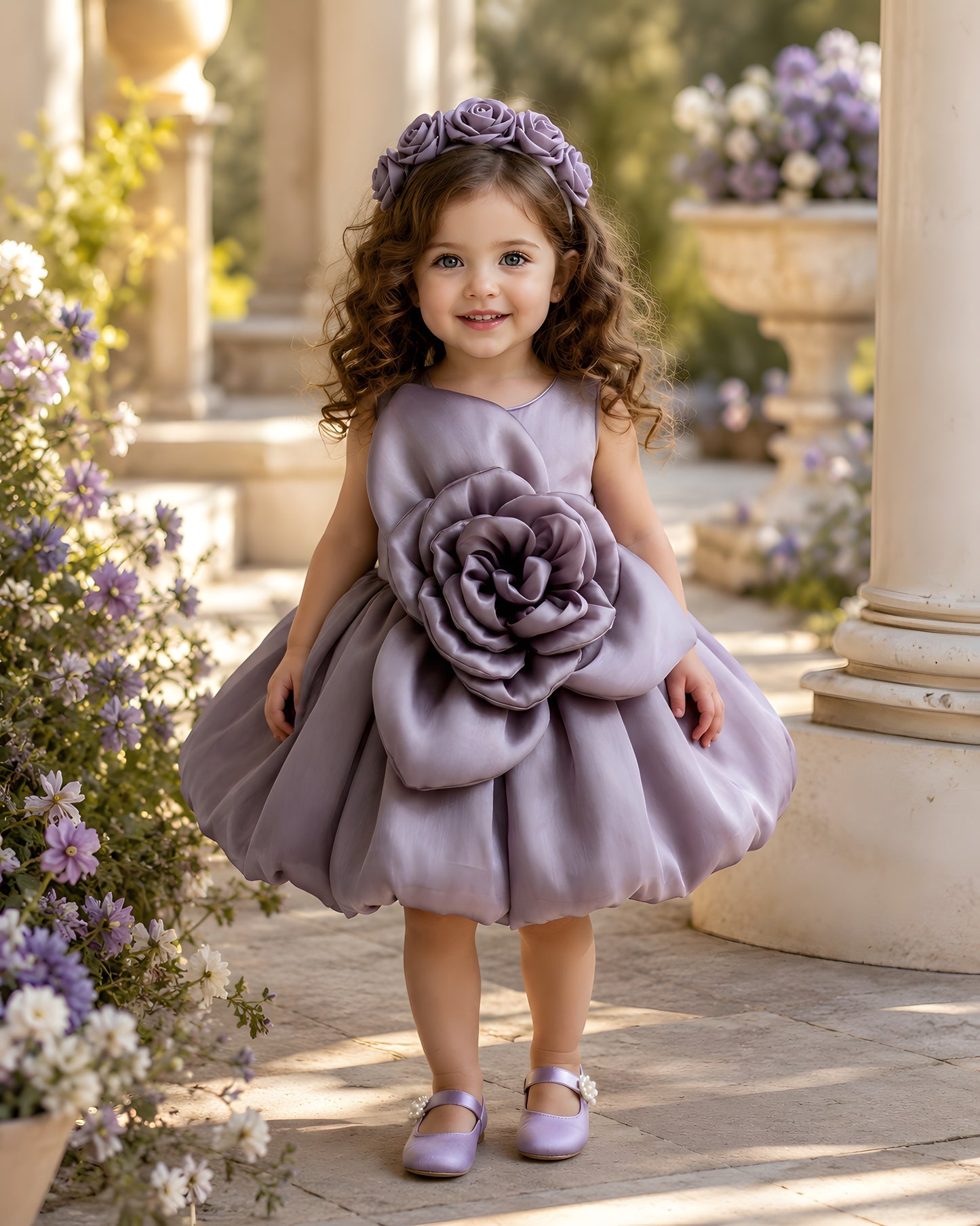 Elegant 3D flower and Bubble Skirt Lavender Dress