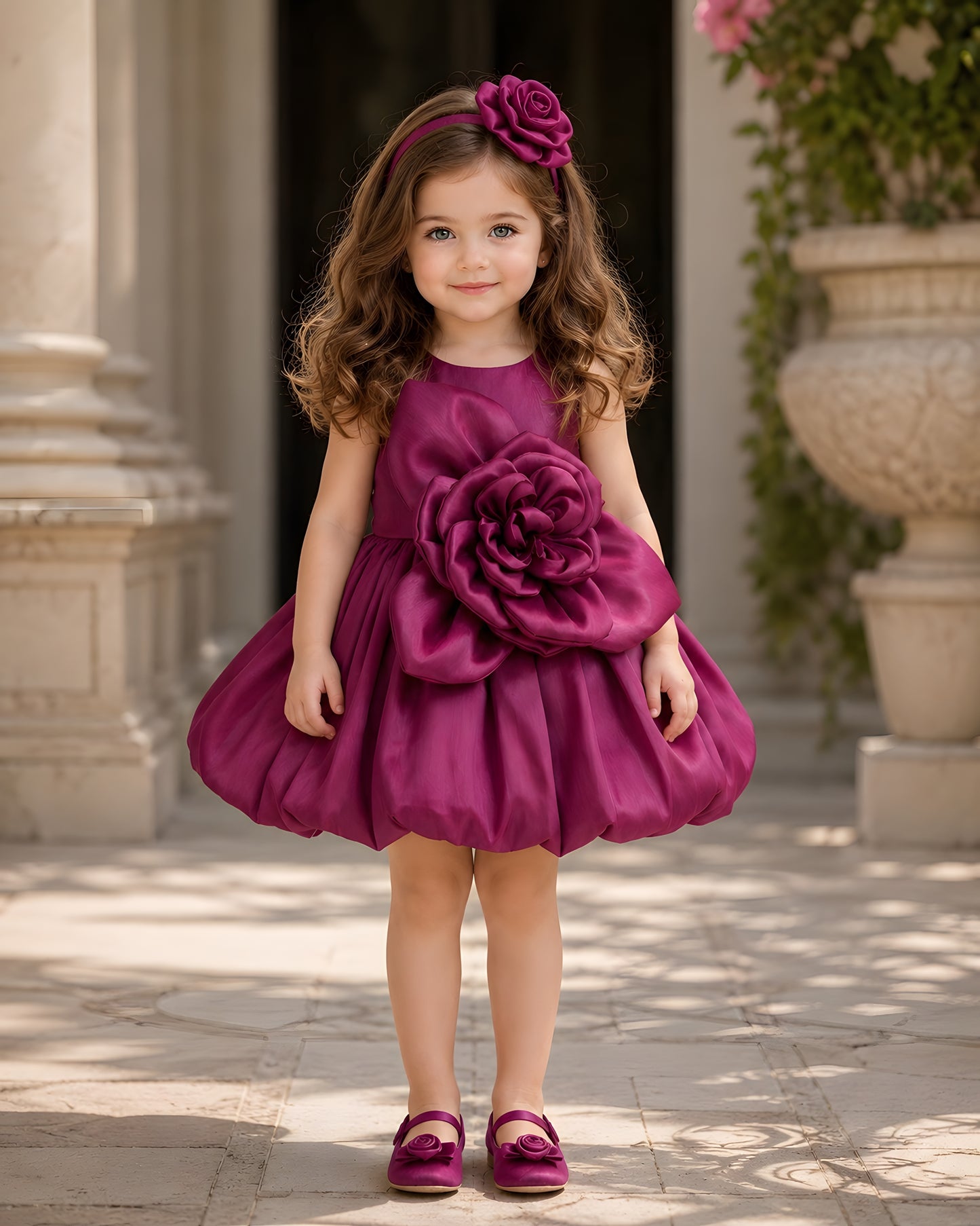 Elegant 3D flower and Bubble Skirt Magenta Dress