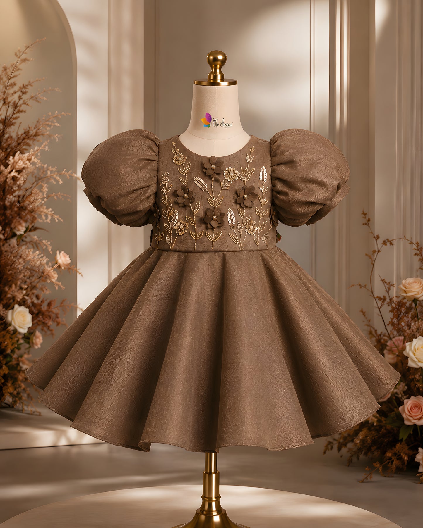Beautiful 3D Flower Embroidery Satin Brown Dress