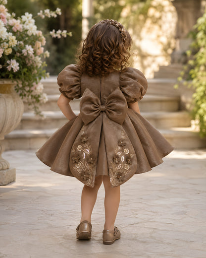 Beautiful 3D Flower Embroidery Satin Brown Dress