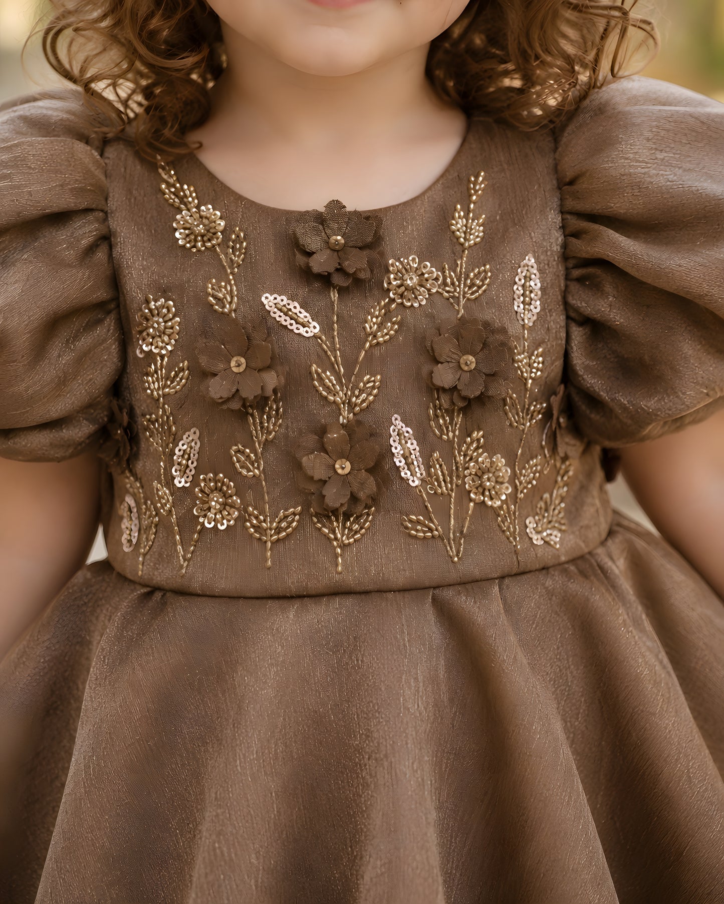 Beautiful 3D Flower Embroidery Satin Brown Dress