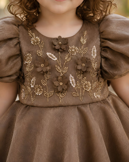 Beautiful 3D Flower Embroidery Satin Brown Dress