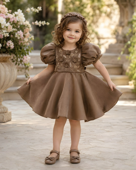 Beautiful 3D Flower Embroidery Satin Brown Dress