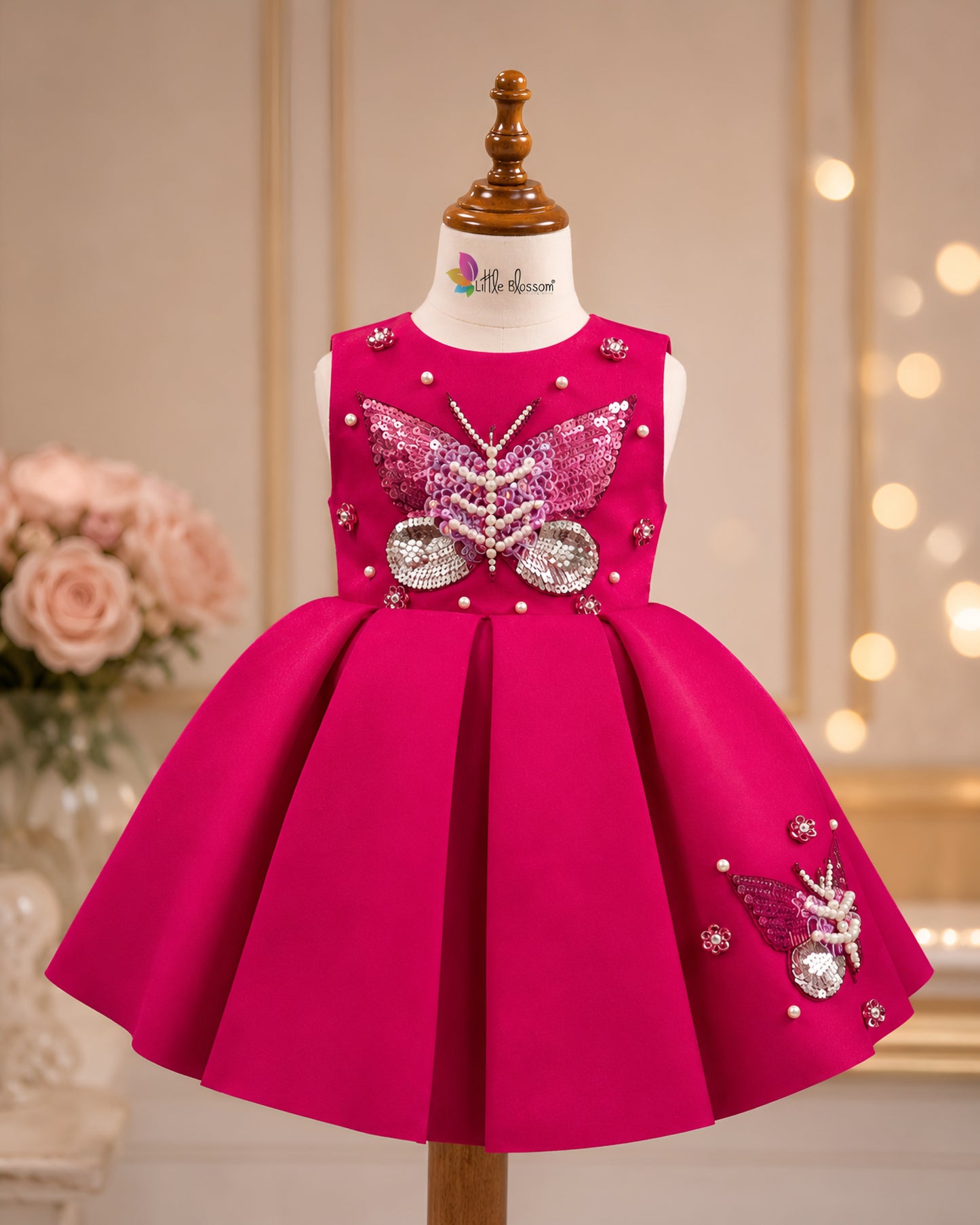 Charming Butterfly Embroidery Fuchsia Flared Dress