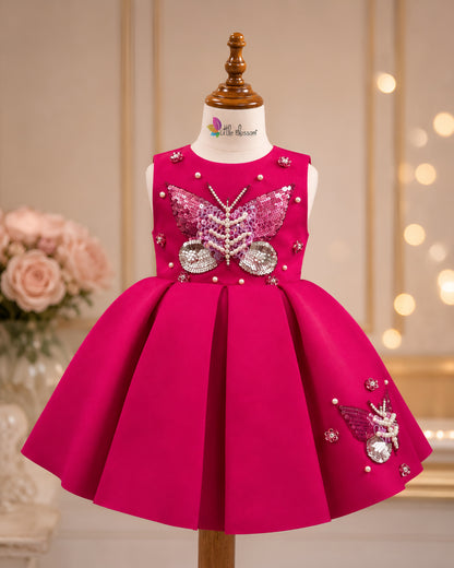 Charming Butterfly Embroidery Fuchsia Flared Dress