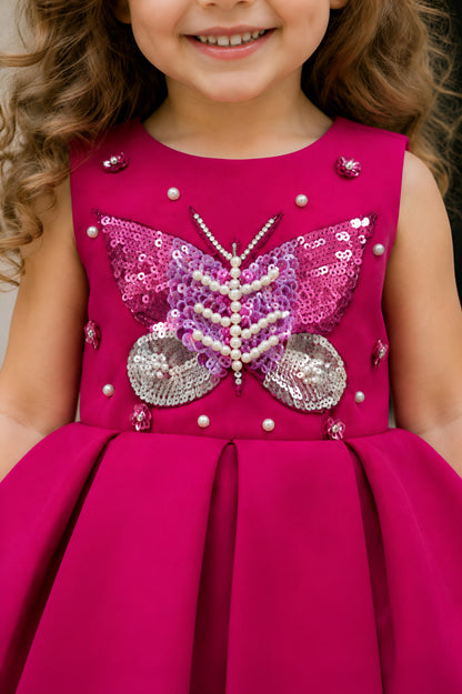 Charming Butterfly Embroidery Fuchsia Flared Dress