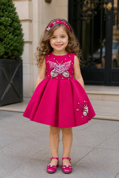 Charming Butterfly Embroidery Fuchsia Flared Dress