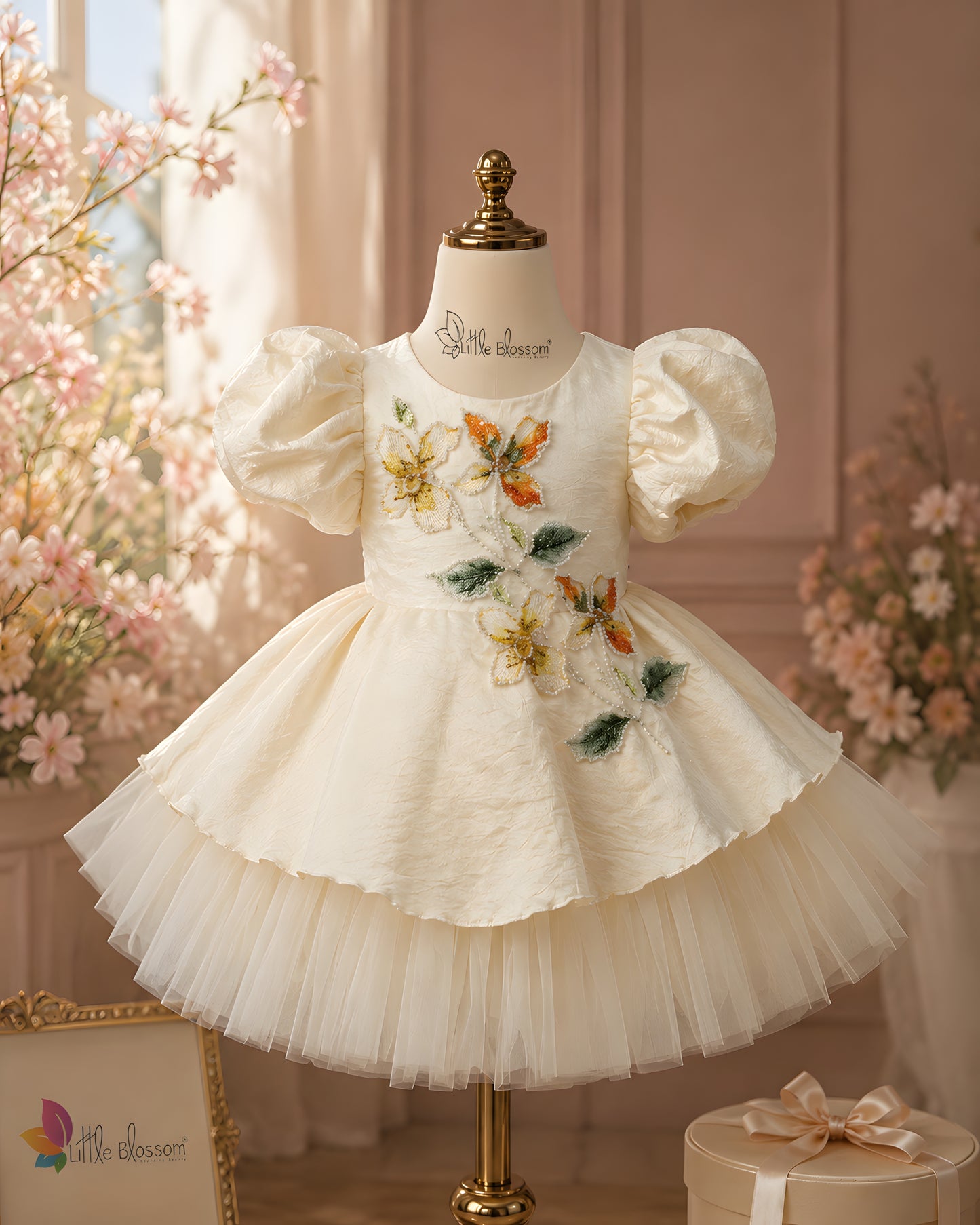 Beautiful Cream Dress With Attractive Flower Embroidery