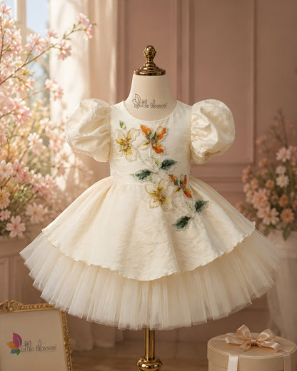 Beautiful Cream Dress With Attractive Flower Embroidery