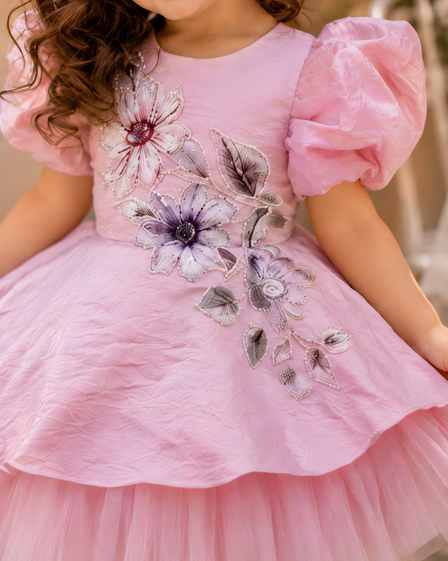 Beautiful Brown Flower Embroidered Satin Dress