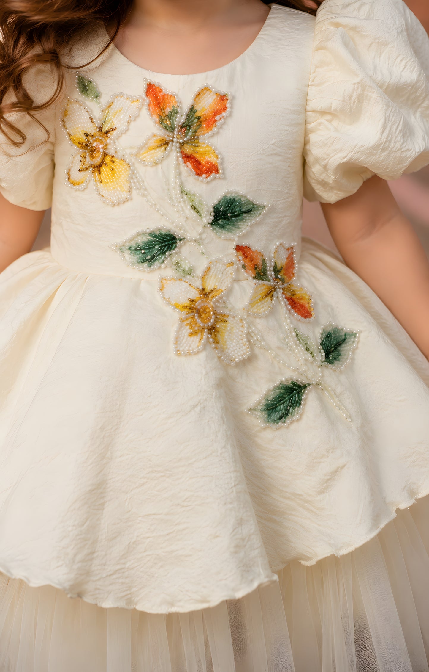 Beautiful Cream Dress With Attractive Flower Embroidery