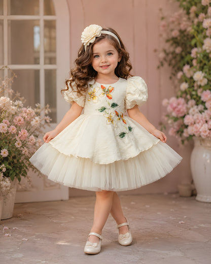 Beautiful Cream Dress With Attractive Flower Embroidery