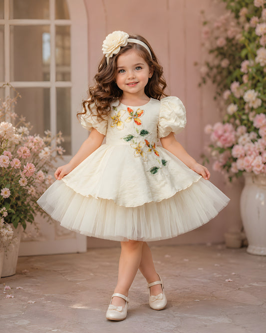 Beautiful Cream Dress With Attractive Flower Embroidery