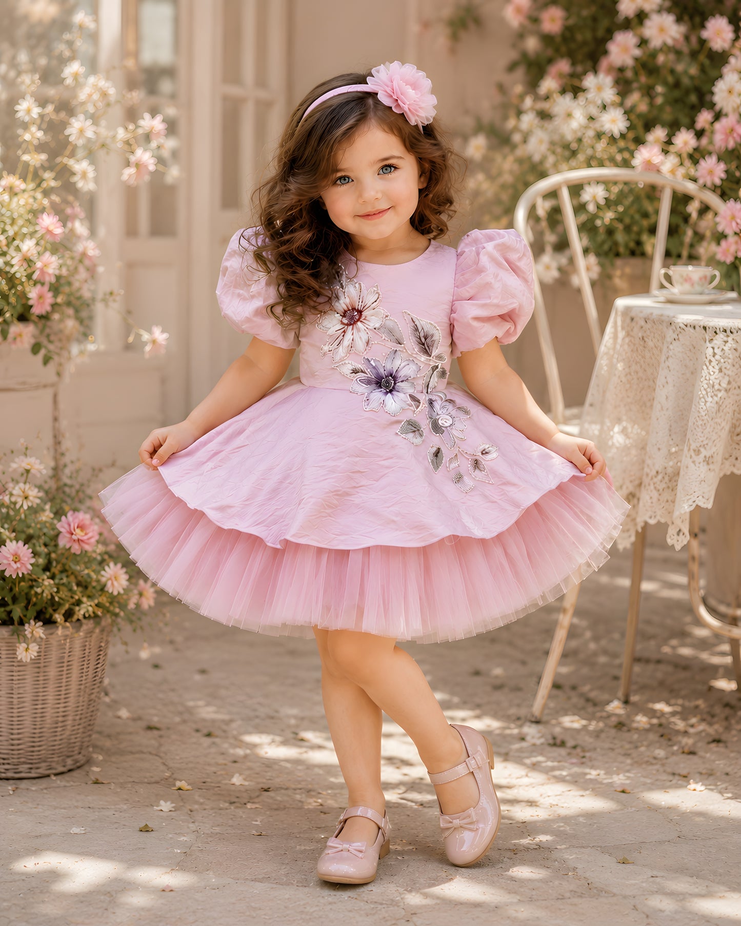 Beautiful Brown Flower Embroidered Satin Dress