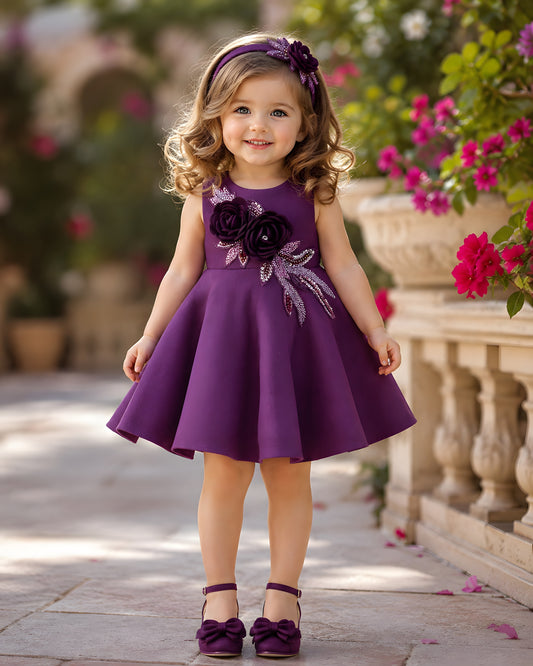 Elegant Floral Appliqué Purple Party Dress