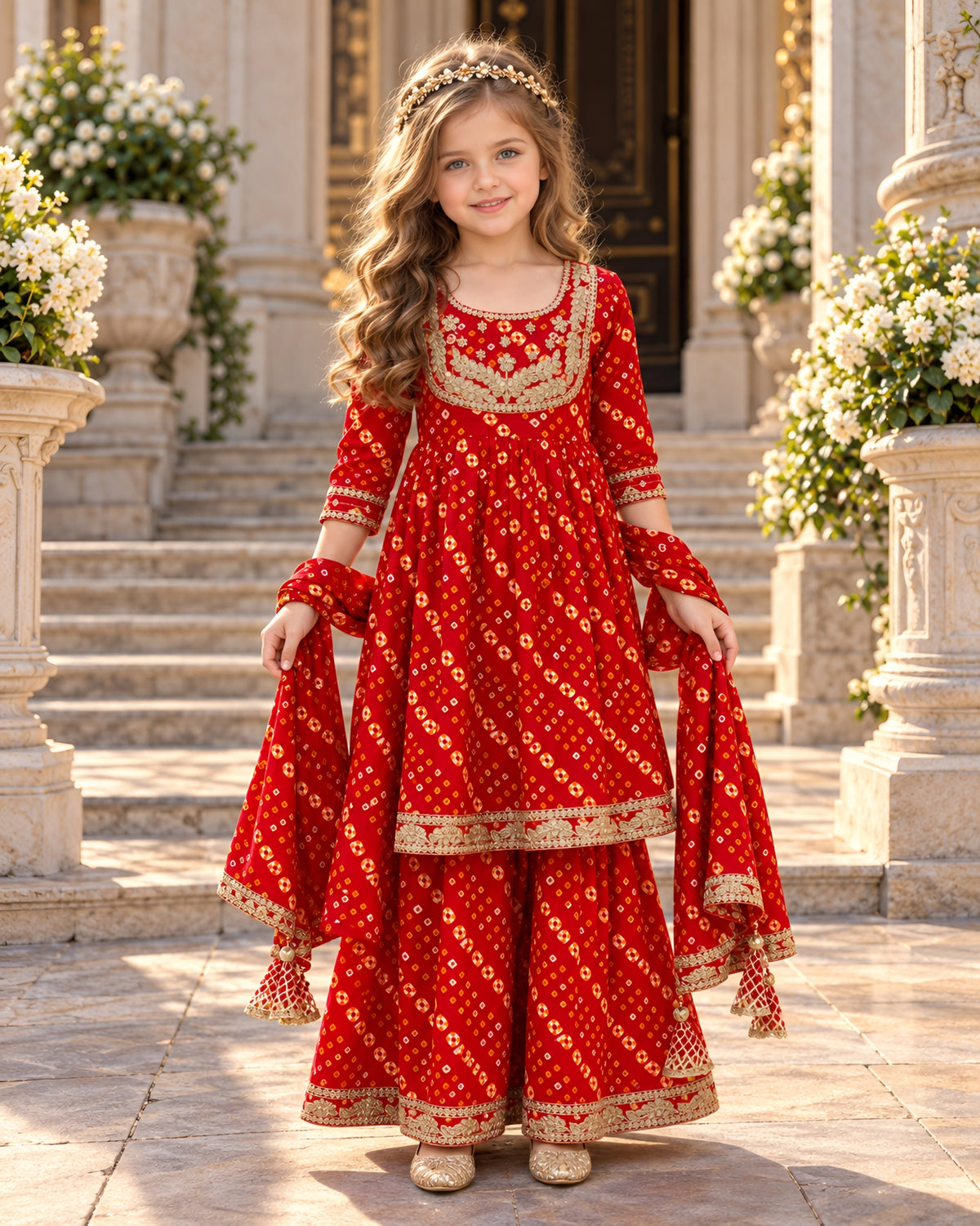 Crimson Royale Bandhani Anarkali Sharara Set