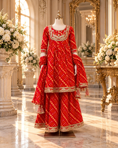 Crimson Royale Bandhani Anarkali Sharara Set