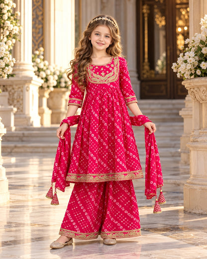 Pink Bandhani Anarkali Sharara Set for Girls