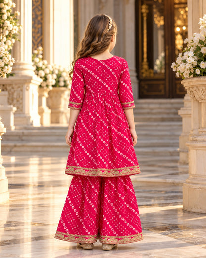 Pink Bandhani Anarkali Sharara Set for Girls