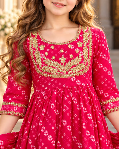 Pink Bandhani Anarkali Sharara Set for Girls